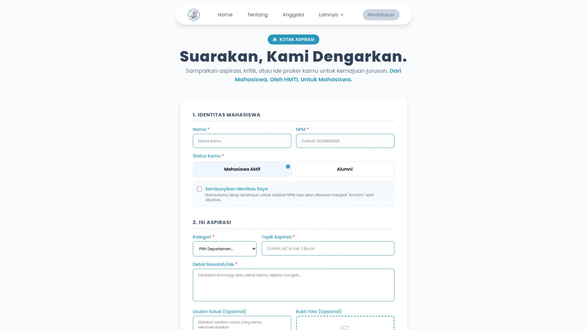 Form kotak aspirasi HMTI UNIPI dengan identitas mahasiswa dan detail aspirasi