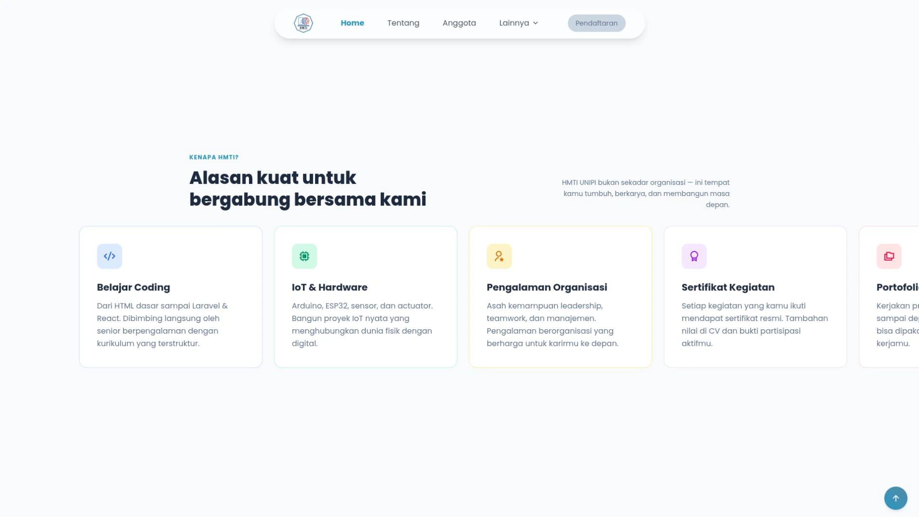 Benefit cards HMTI UNIPI untuk coding, IoT, organisasi, dan sertifikat kegiatan