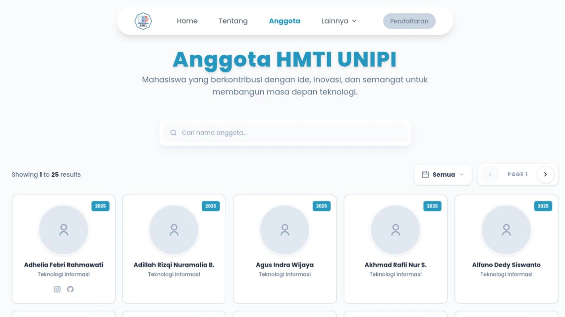 Direktori anggota HMTI UNIPI dengan pencarian, filter periode, dan pagination