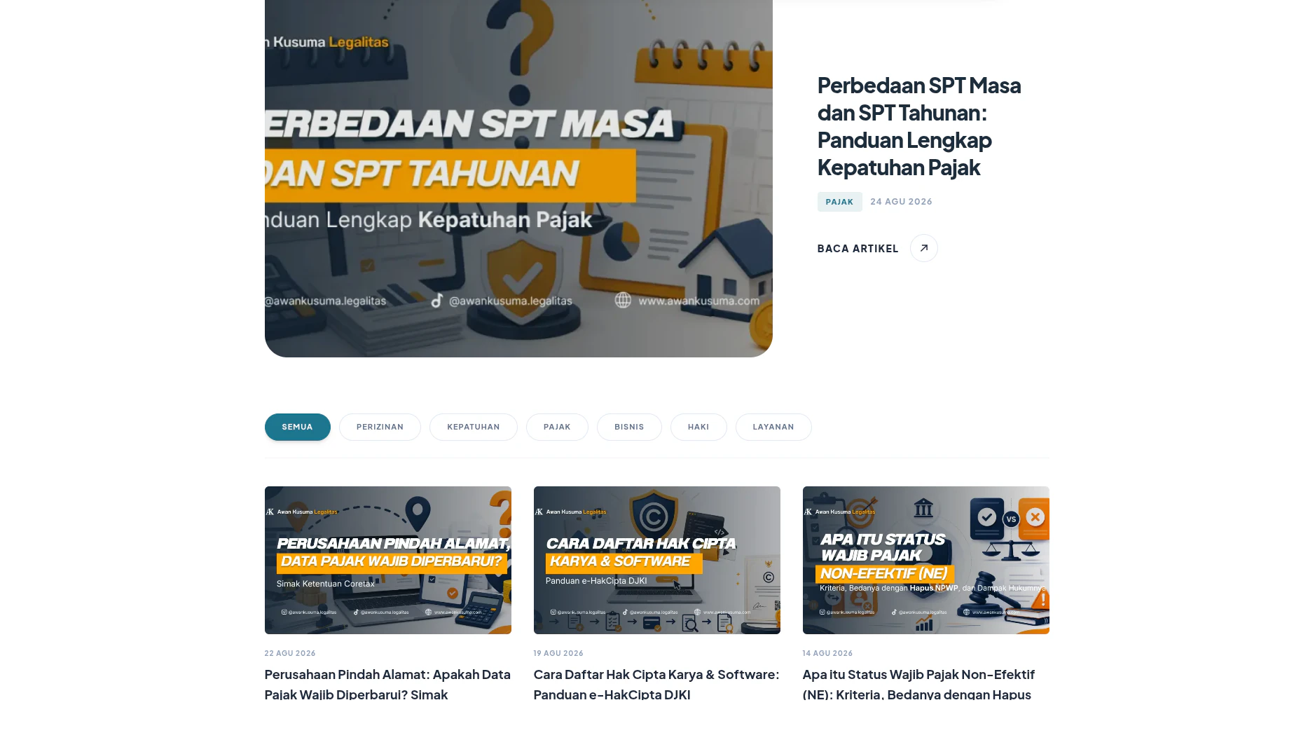 Content hub Info Bisnis Awan Kusuma dengan artikel legalitas dan pajak