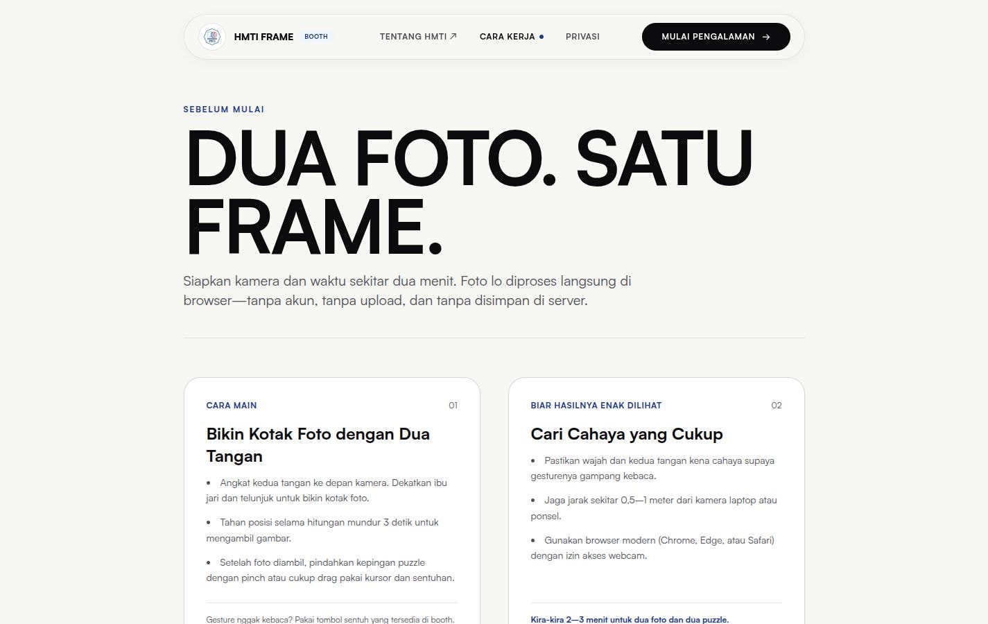 Halaman onboarding HMTI Frame yang menjelaskan persiapan kamera dan gesture dua tangan