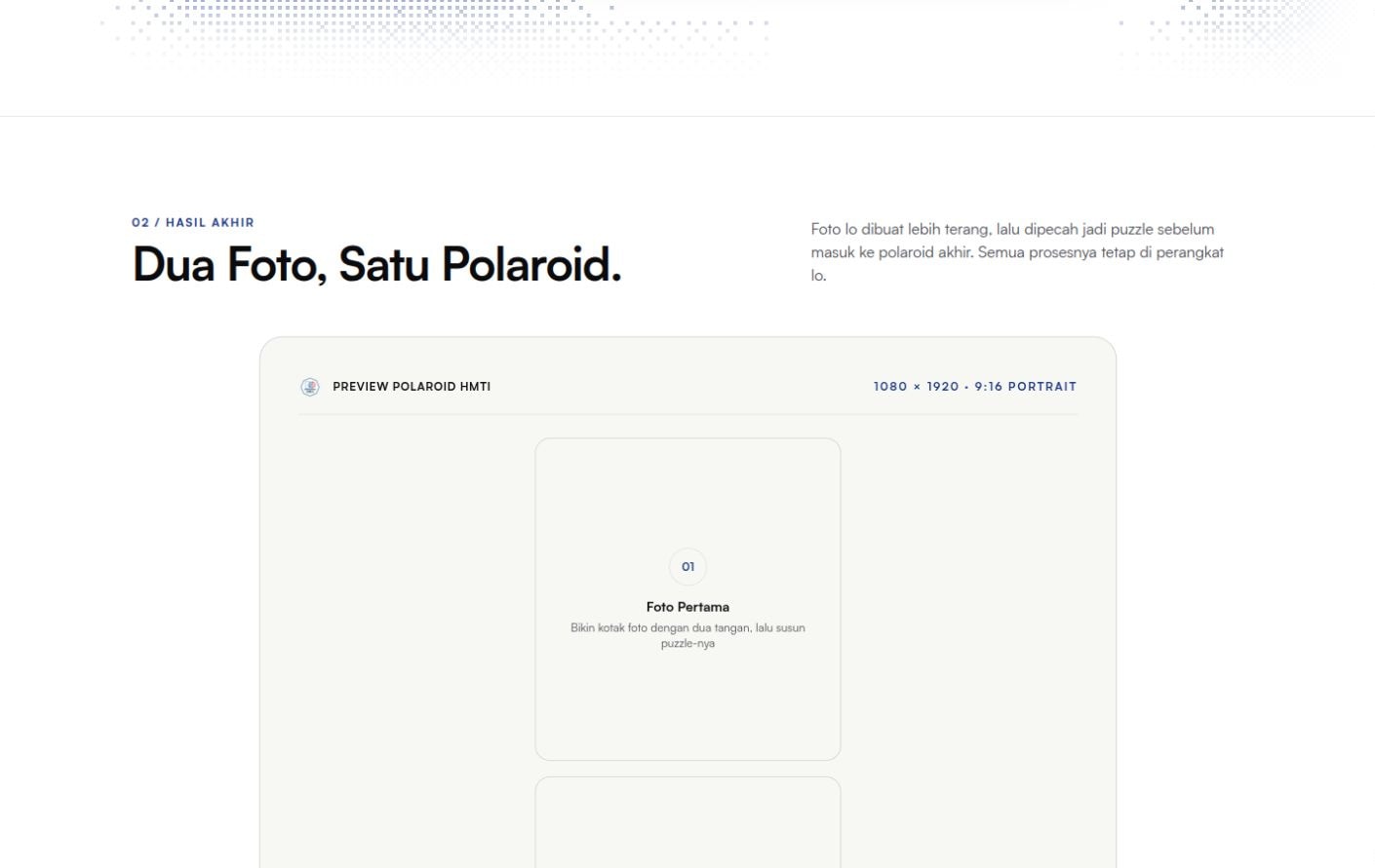 Preview polaroid HMTI Frame berisi dua slot foto dengan rasio portrait 9 banding 16