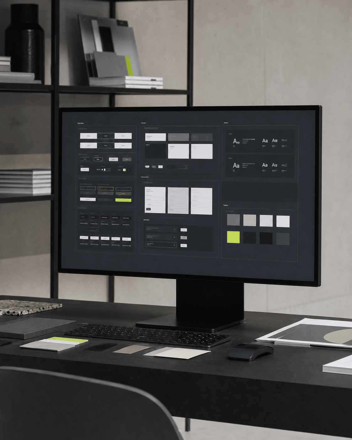 Workstation dengan library komponen dan token desain di layar.