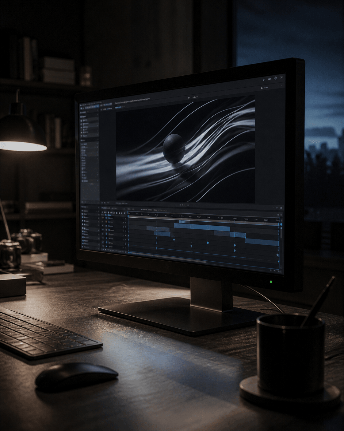 Workstation motion design dengan timeline animasi dan preview interaksi.