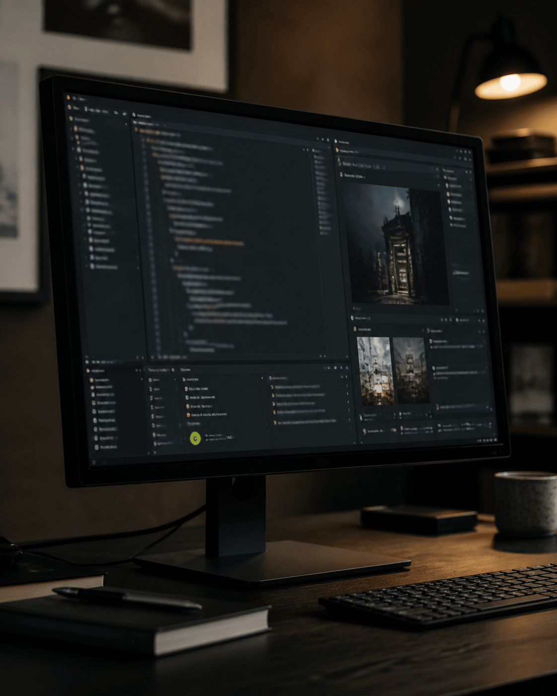 Workstation pengembangan web dengan proses implementasi di layar.